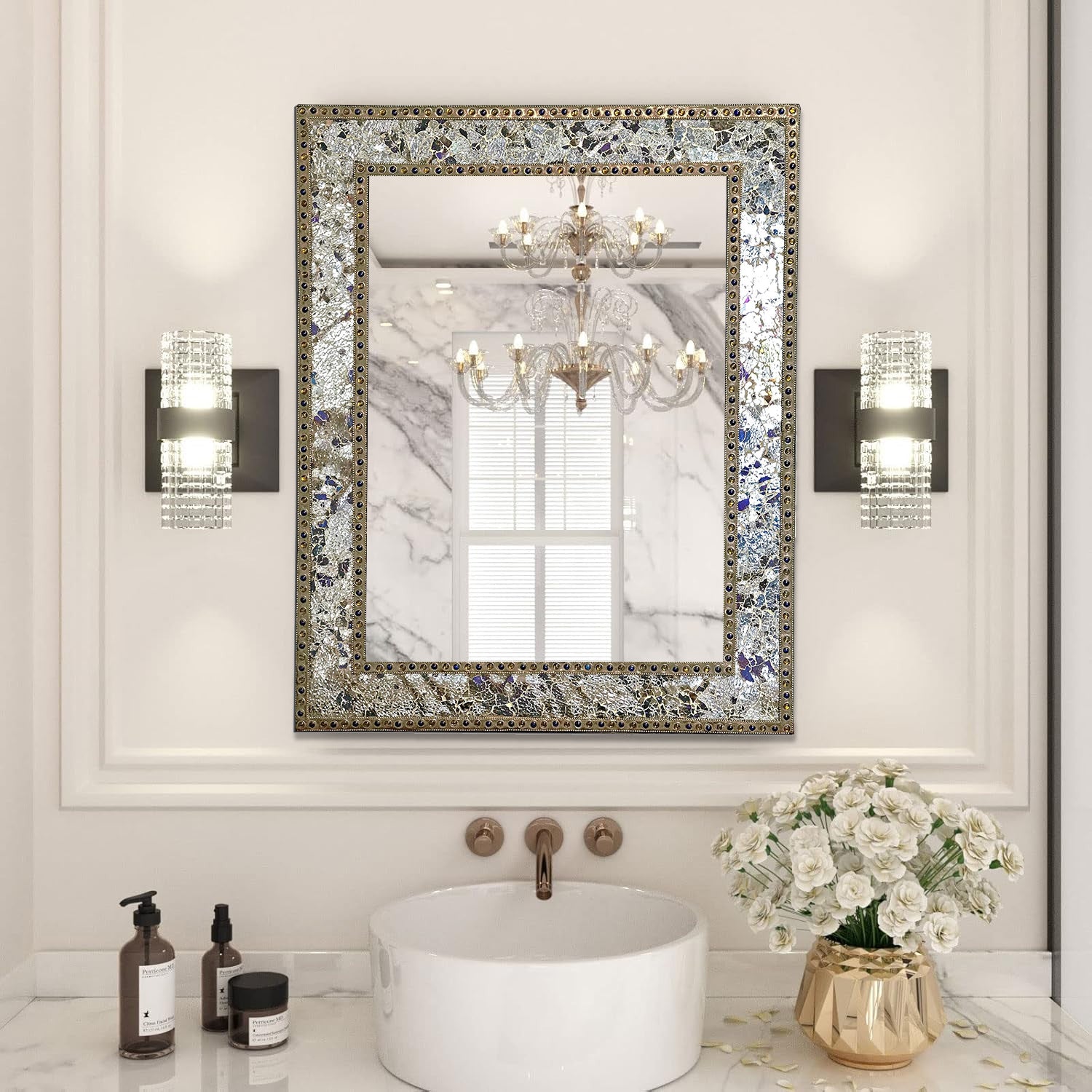 Crackled Glass Decorative Wall Mirror - 30X24 Mosaic Glass Wall Mirror, Vanity Mirror, Glamorous Silver & Gold (Mixed Metallics)