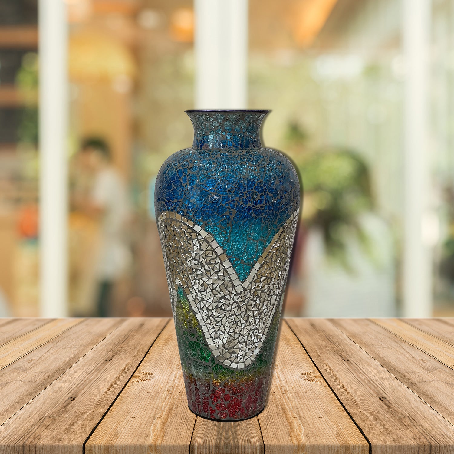 DecorShore 22" Tall Iron Base Decorative Mosaic Floor Vase With Glass Mosaic Tiles Overlay- Multi Silver Blue Red