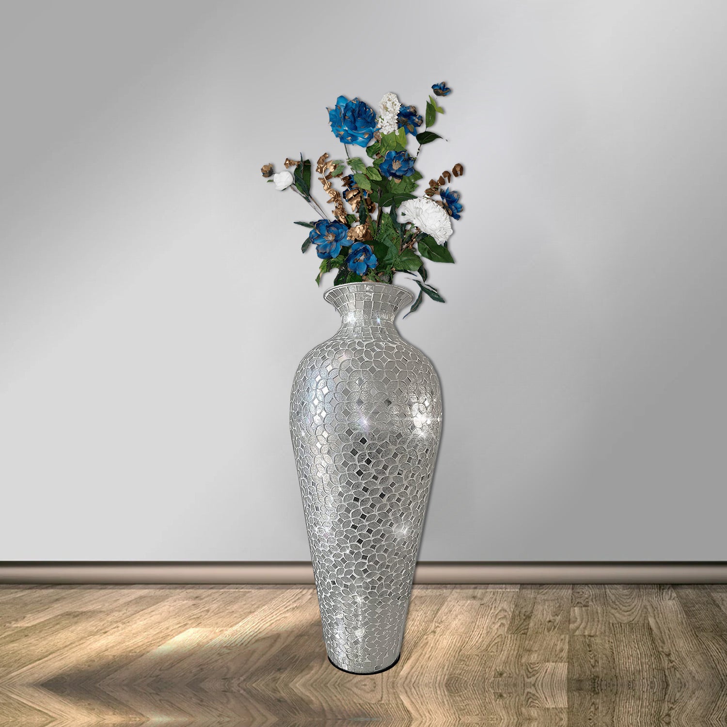 DecorShore 20" Decorative Mosaic Vase for Floor- Large Metal Tall Vase for Flowers With Glass Mosaic In Silver