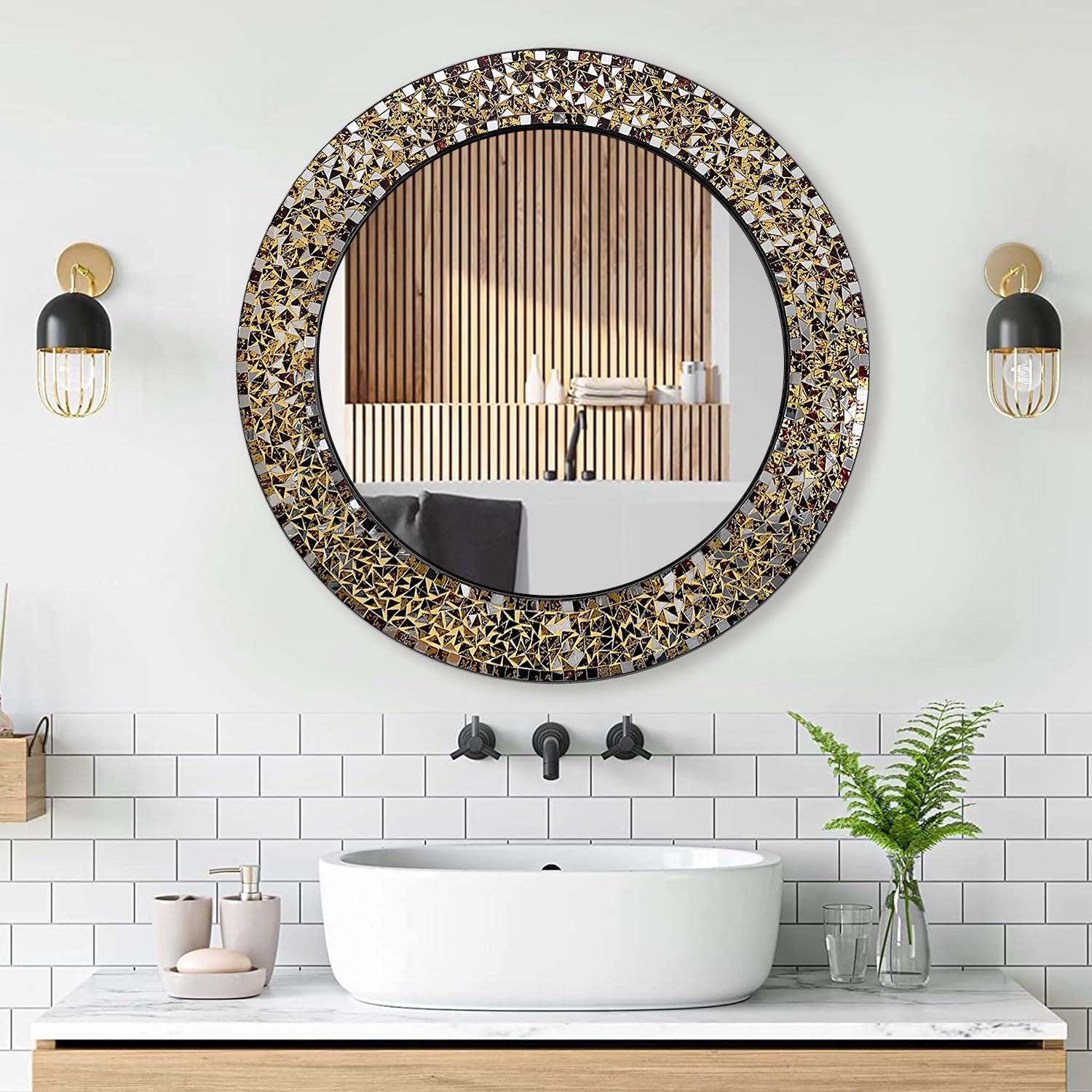 DecorShore 24" Golden Brown Round Handmade Crackled Glass Decorative Mosaic Wall Mirror (Golden Sands)