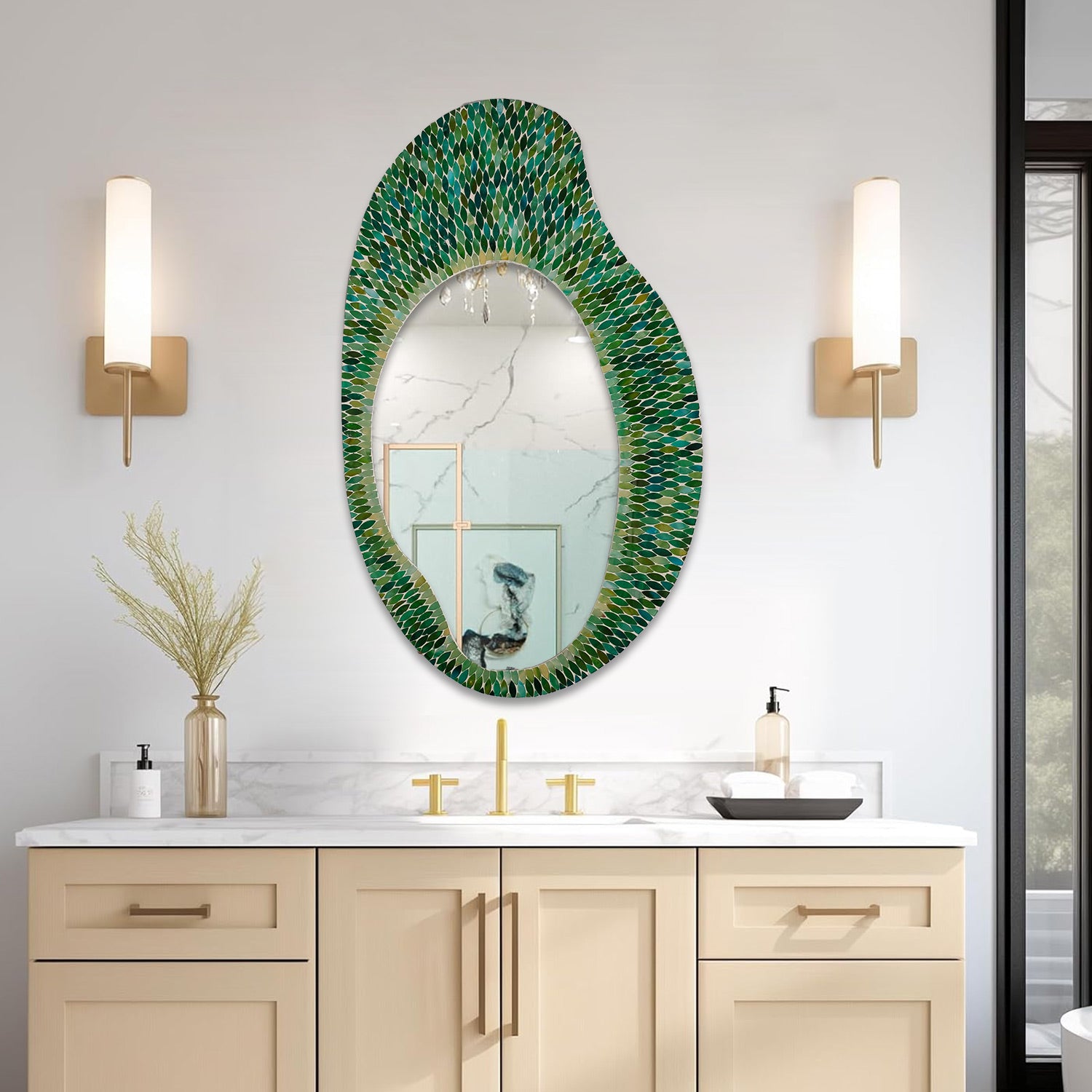 DecorShore 35x21" Handmade Oval Shape Iron Frame Decorative Wall Mirror With Glass Mosaic Tiles- Multi Green