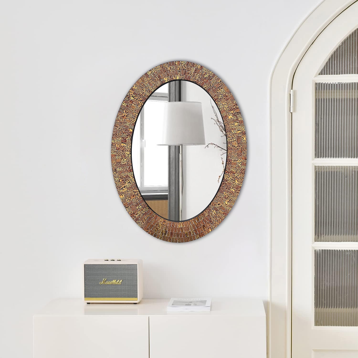 DecorShore Traditional Decorative Mosaic Wall Mirror - 32 X 24 In Oval Shape Hanging Brown Glass Wall Mirror