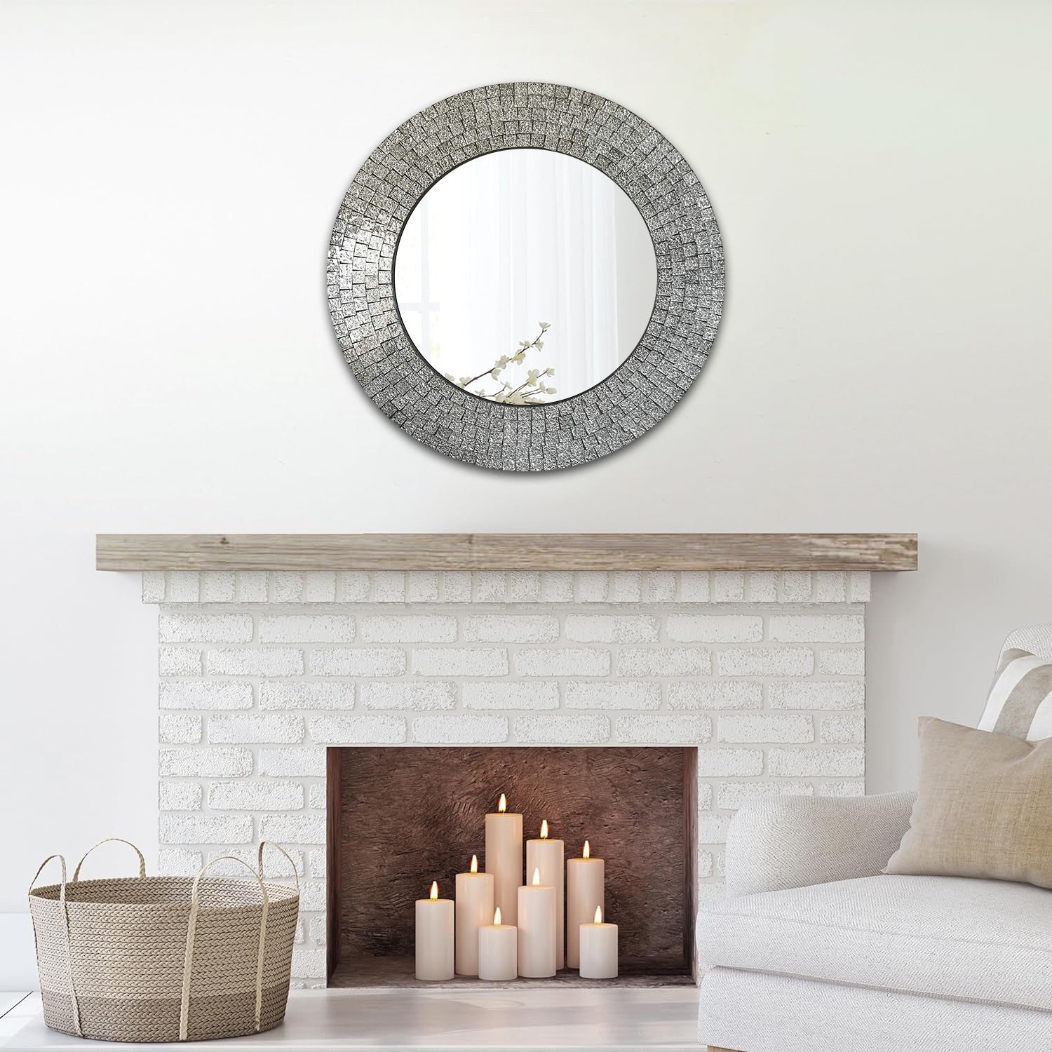 DecorShore 24 Inch Handmade Glamorous Sparkling Glass Mosaic Wall Mirror Home Decor In Effervescent Silver