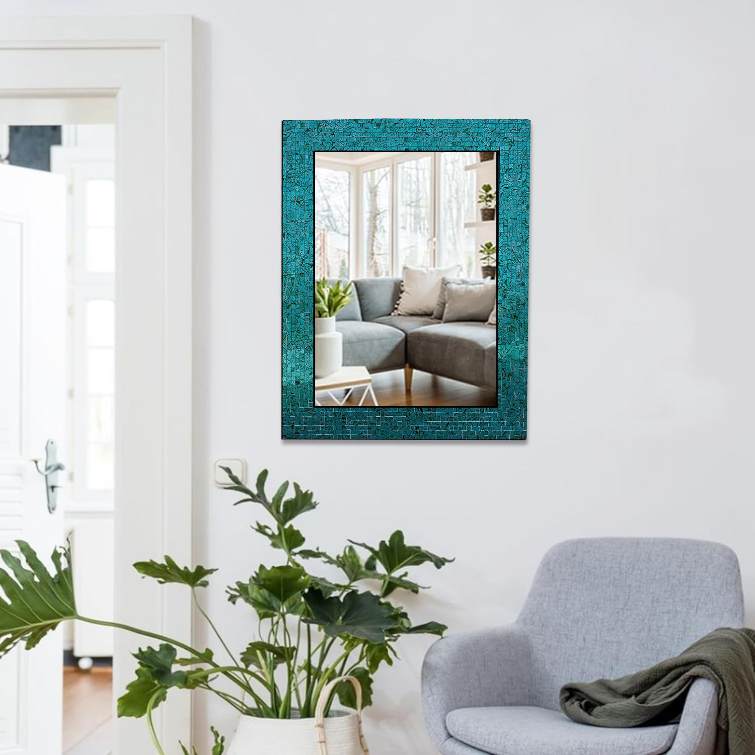 DecorShore 30" x 24" Glass Mosaic Framed Decorative Wall Mirror, Handmade Eclectic Accent Mirror,  Unique Vanity Mirror (Green Blue Slate)