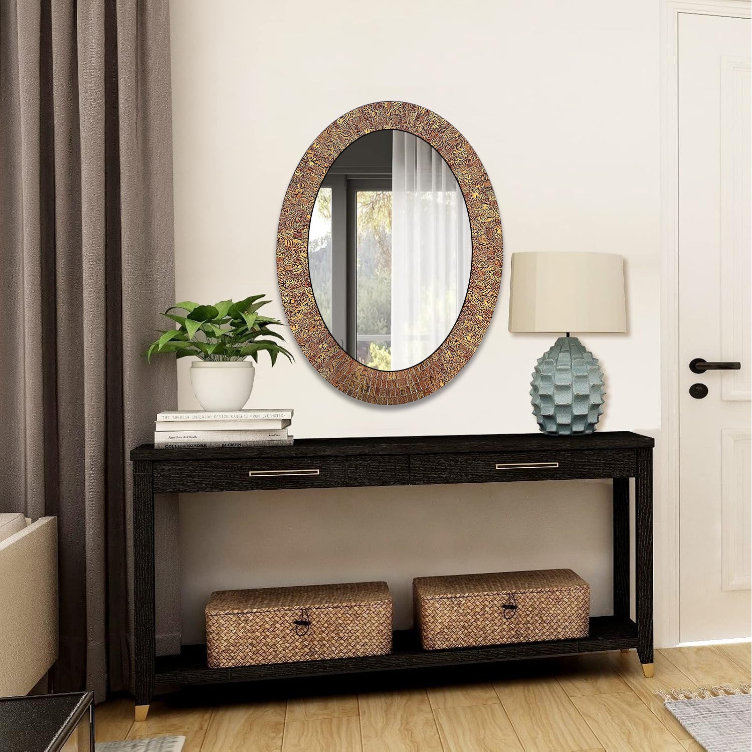 DecorShore Traditional Decorative Mosaic Wall Mirror - 32 X 24 In Oval Shape Hanging Brown Glass Wall Mirror