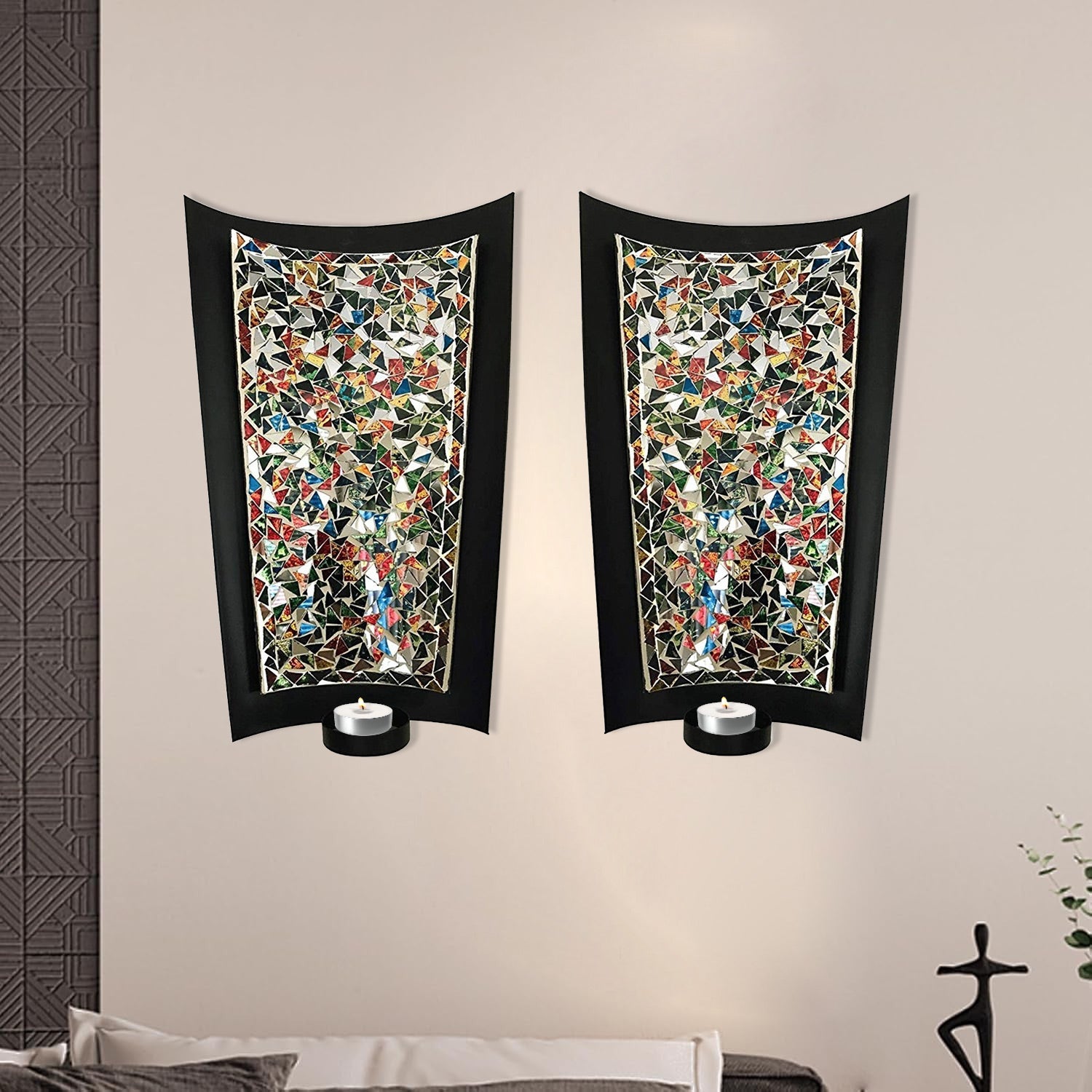 DecorShore Mosaic Wall Sconce Set Of 2 Tealight Candle Holders - Abstract Metal Wall Art Candle Sconces Pair