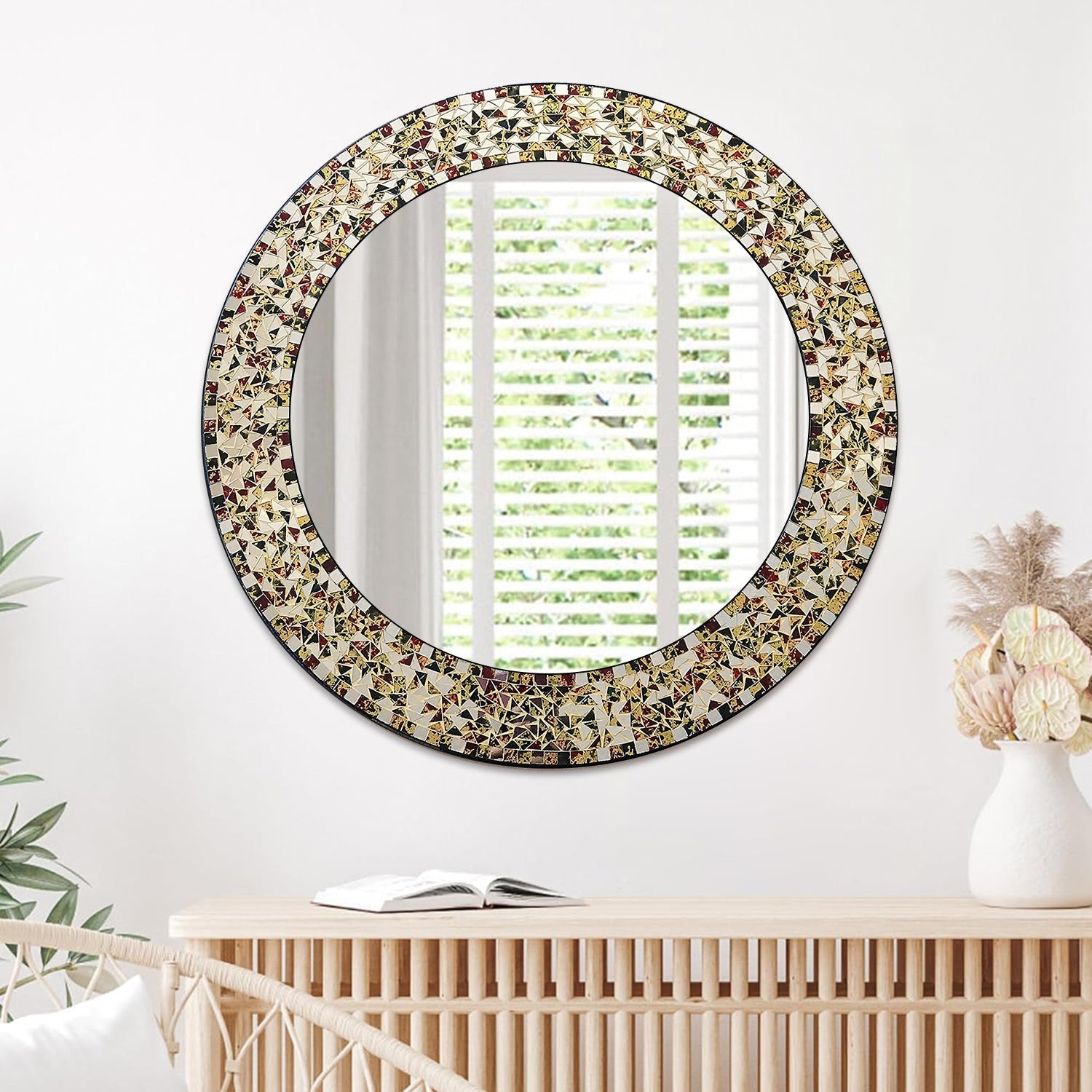 DecorShore 24" Gold or Silver Round Handmade Decorative Mosaic Glass Wall Mirror (Gemstone Rainbow)