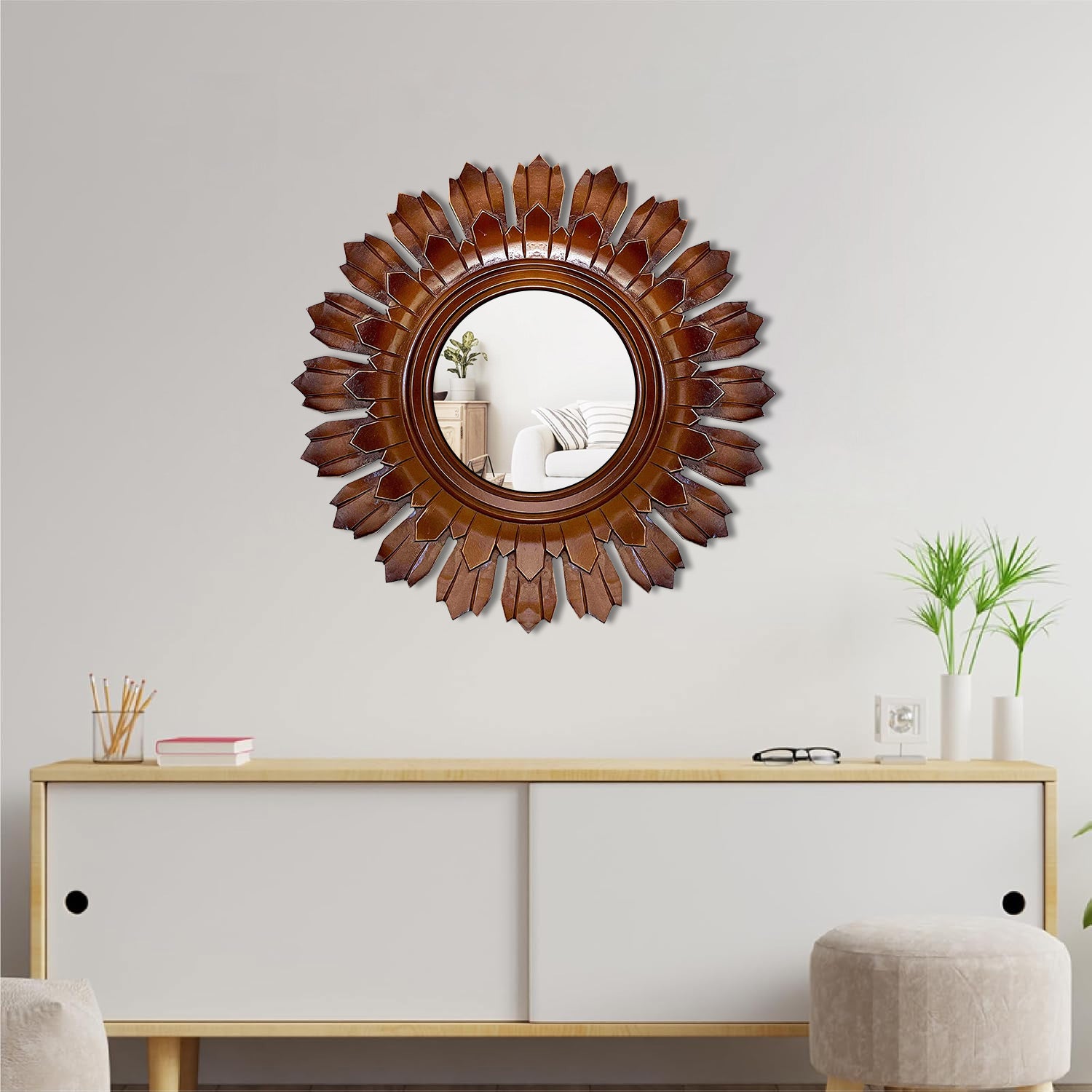 DecorShore 24" Handcrafted Wood Wall Mirror, Traditional Home Decor Solid Wooden Sun Shape Framed Mirror In Brown