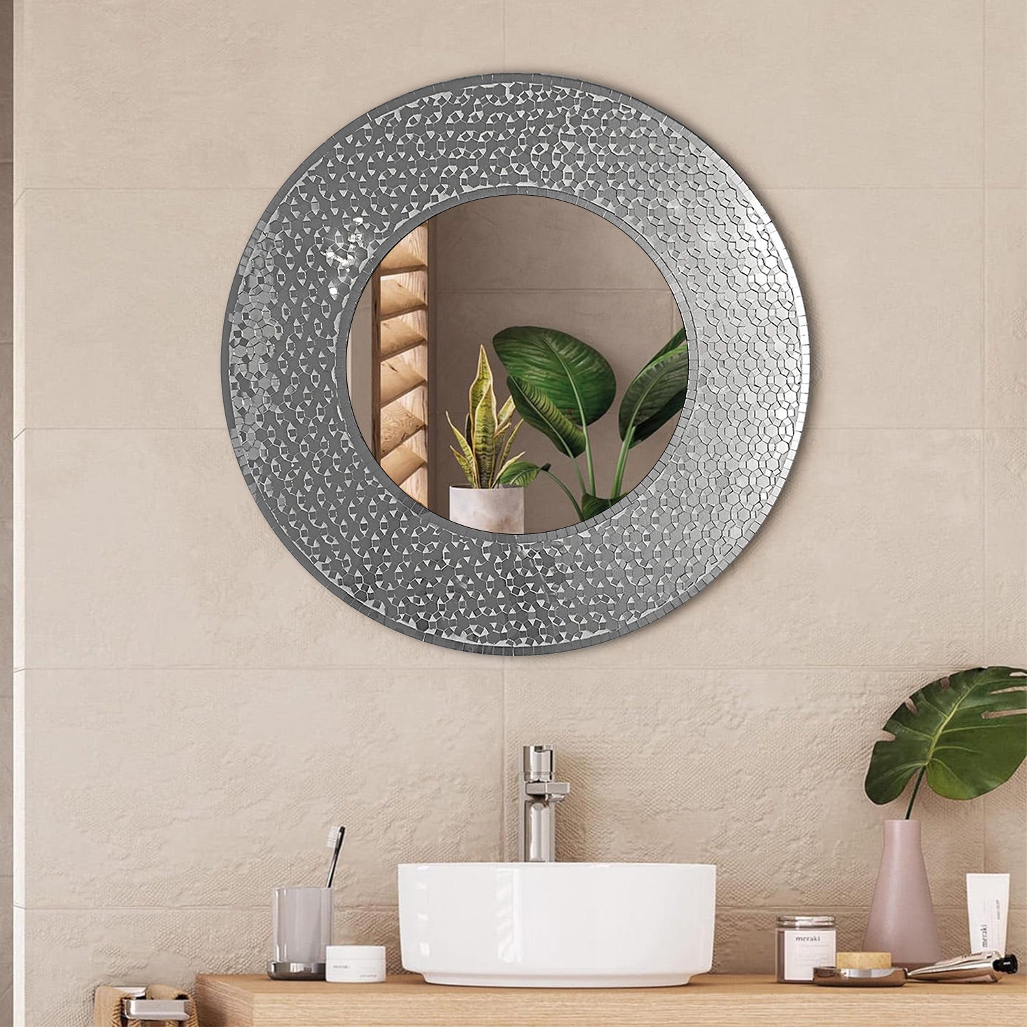 DecorShore 24 Inch Round Wall Mirror for Living Room and Entryway Decorative Glass Mosaic Mirror In Shiny Silver