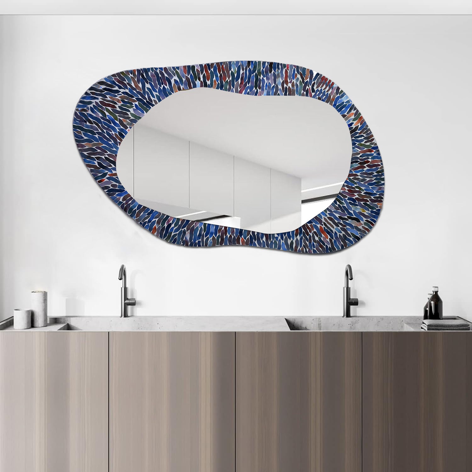 DecorShore 35x21" Handmade Oval Shape Iron Frame Decorative Wall Mirror With Glass Mosaic Tiles- Multi Blue