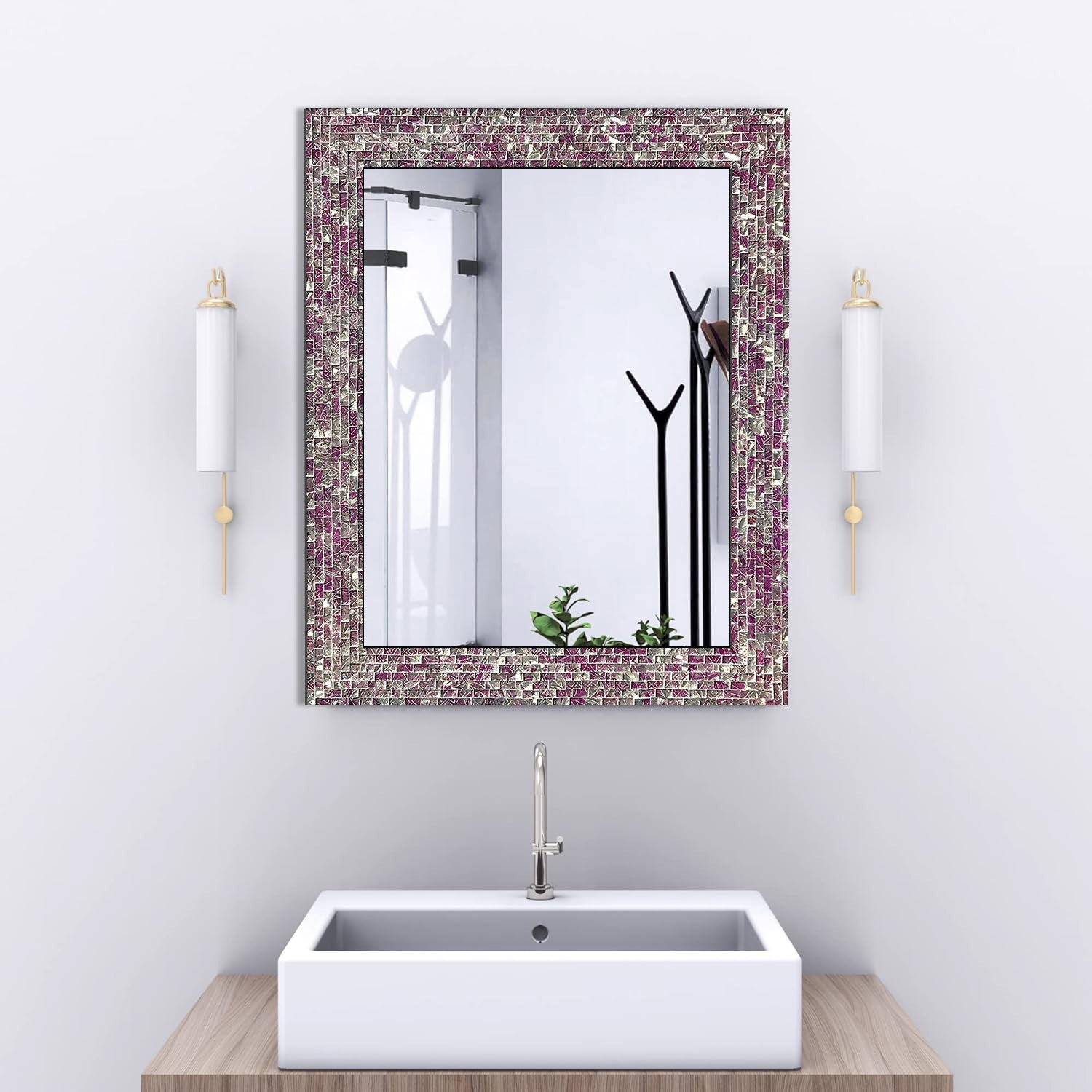 30X24" Multi-Colored Magenta & Silver, Luxe Mosaic Glass Framed Wall Mirror, Decorative Embossed Glass Mosaic Rectangular Mirror