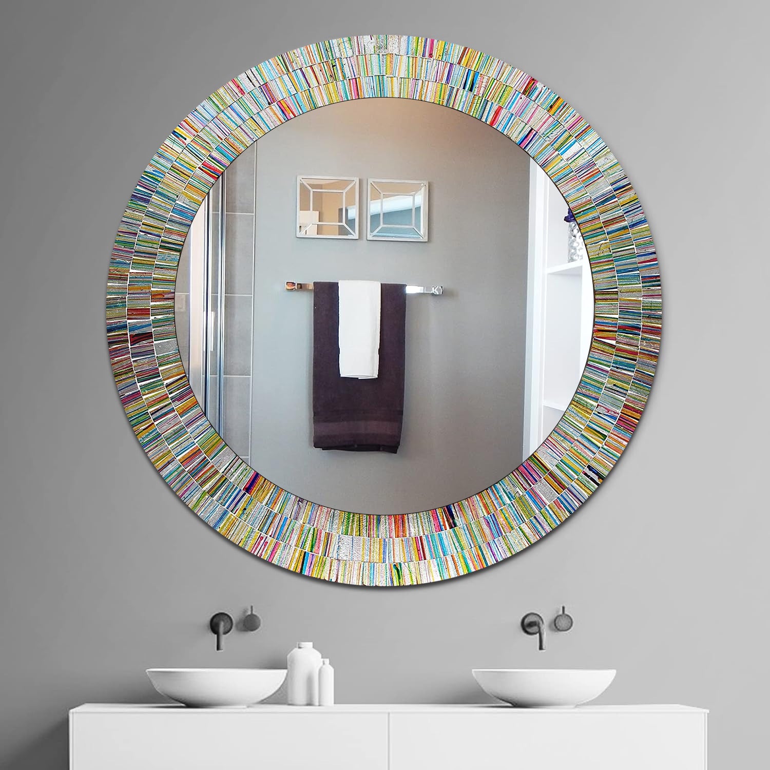 Bohemian Rainbow Decorative Wall Mirror -Glass Mosaic Mirror Round Wall Mirror, Multi Color Spectrum Wall Mountable, 24" Multi-Color Round Framed Mirror