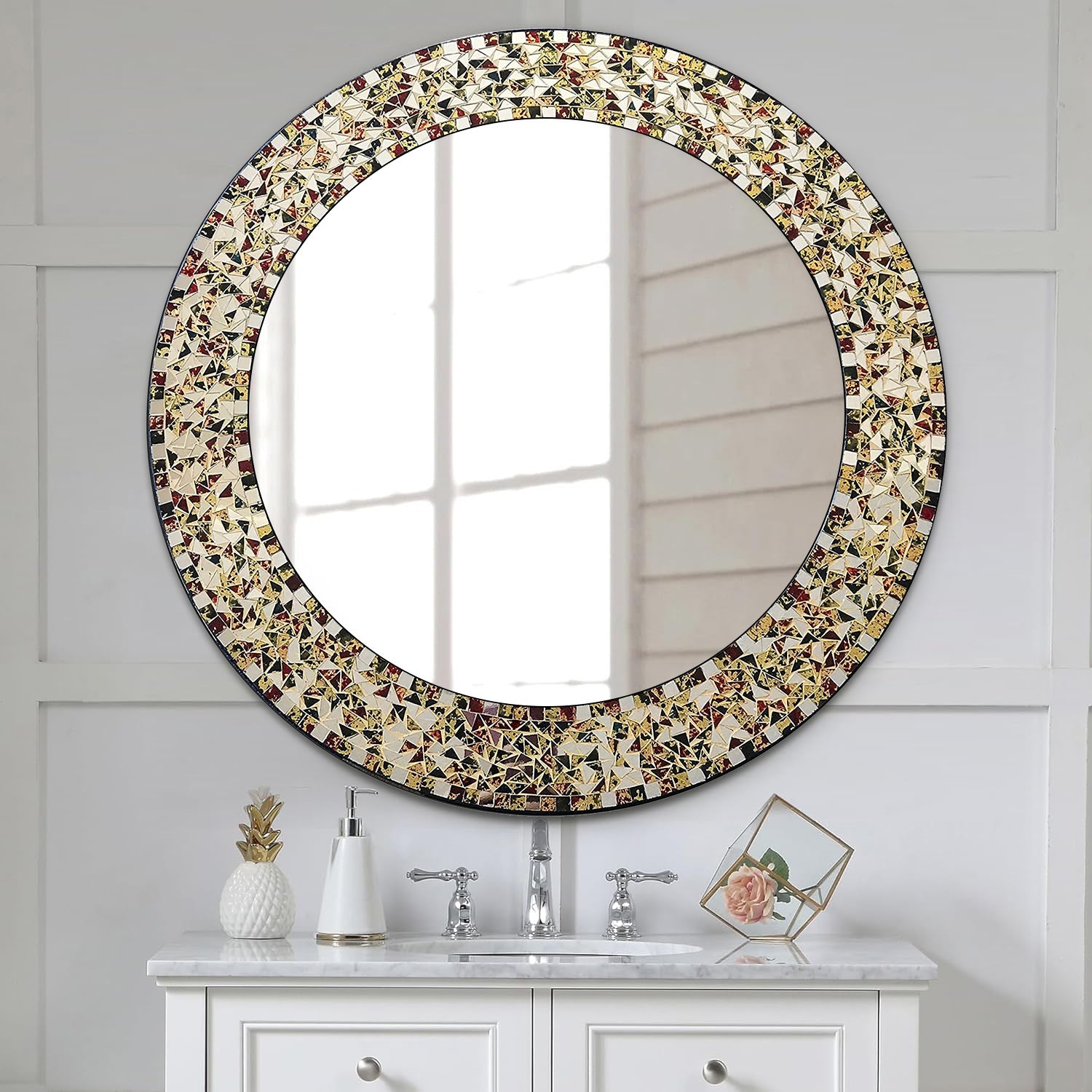 DecorShore 24" Gold or Silver Round Handmade Decorative Mosaic Glass Wall Mirror (Gemstone Rainbow)