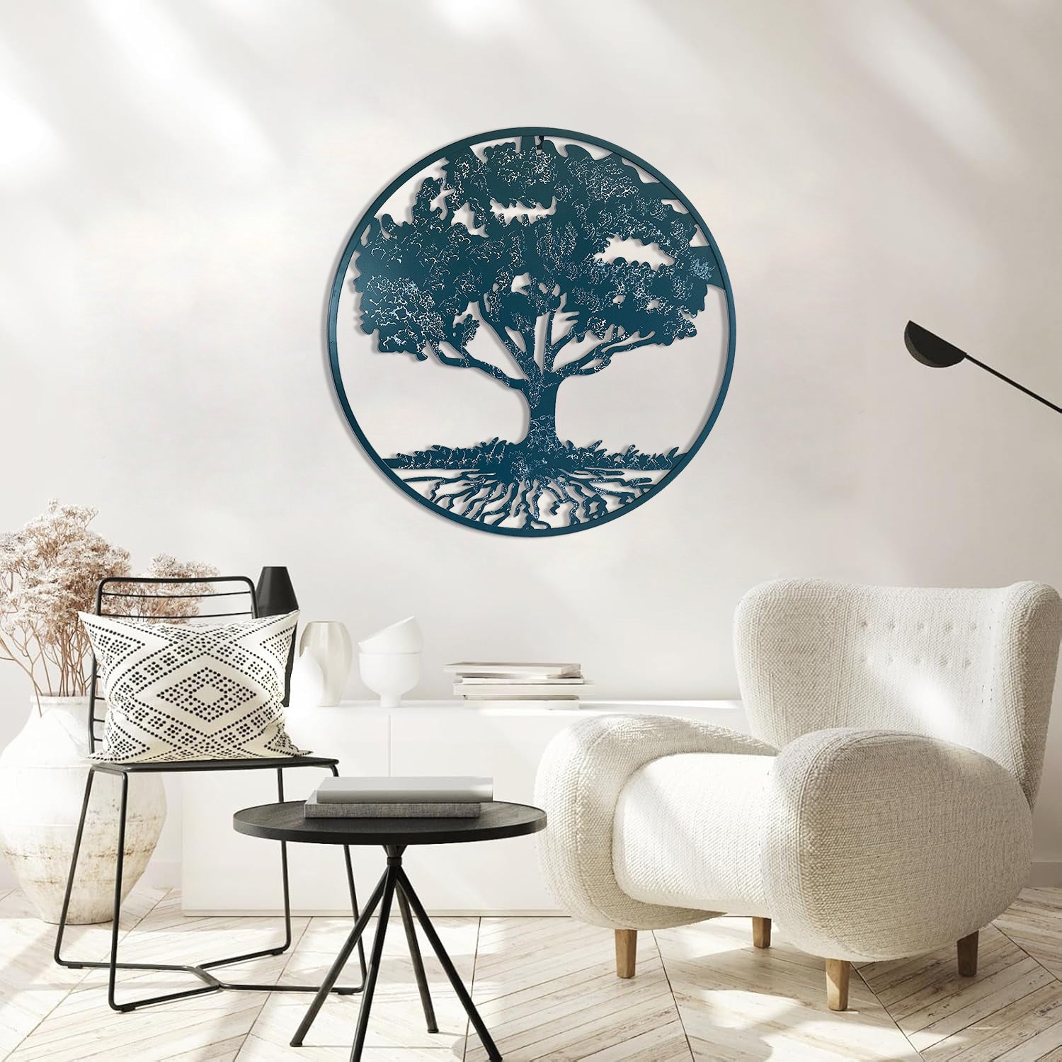 Round Metal Wall Art Decorative Wall Sculpture Natural Harmony Tree Of Life Hanging Wall Decor In Dark Teal With White Veining