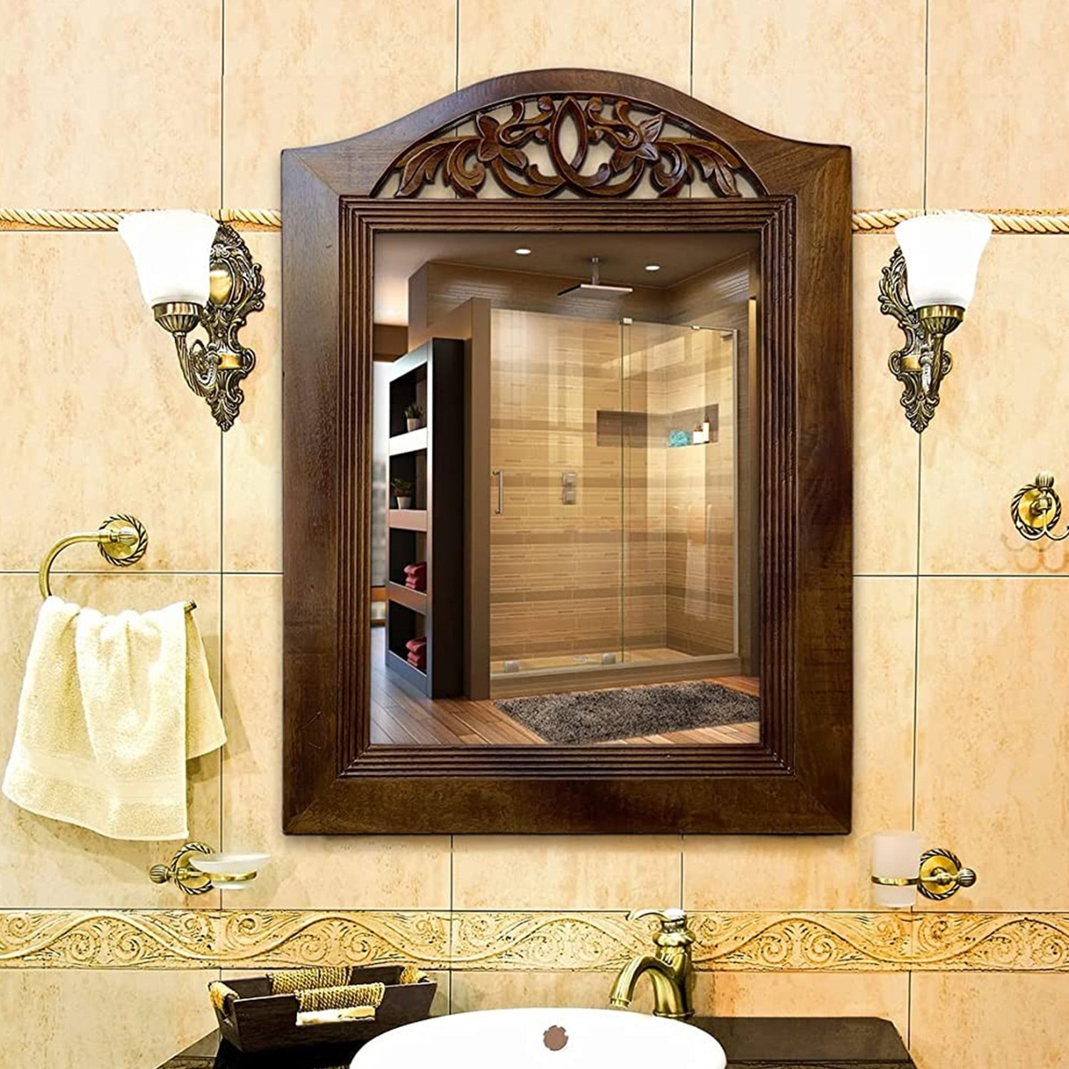 DecorShore Hand Carved Solid Framed Wooden Mirror Carved & Real Wood Wall Mirror In Arch Shape