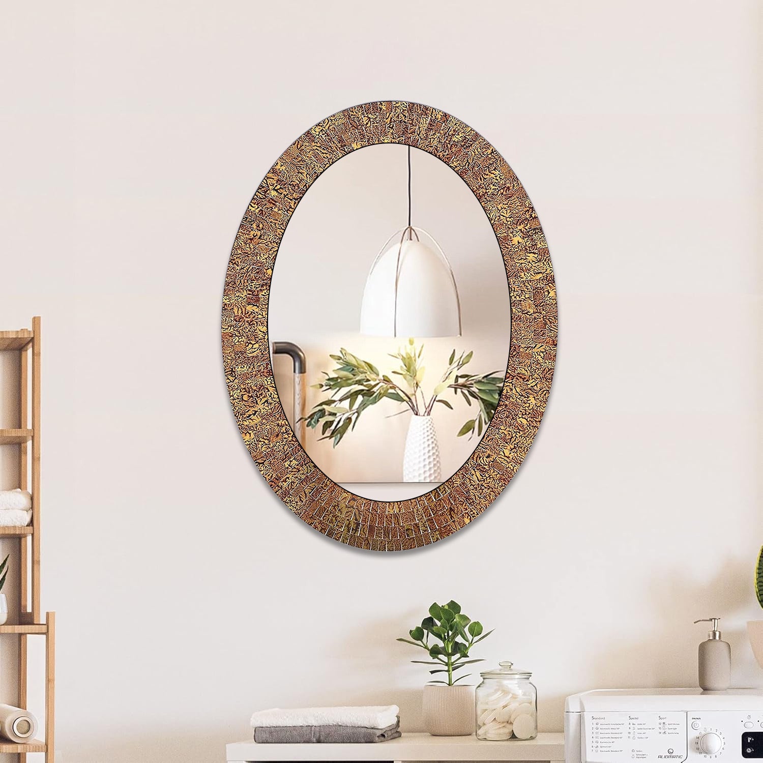 DecorShore Traditional Decorative Mosaic Wall Mirror - 32 X 24 In Oval Shape Hanging Brown Glass Wall Mirror