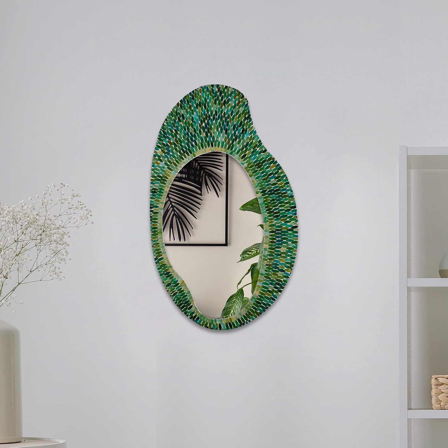 DecorShore 35x21" Handmade Oval Shape Iron Frame Decorative Wall Mirror With Glass Mosaic Tiles- Multi Green