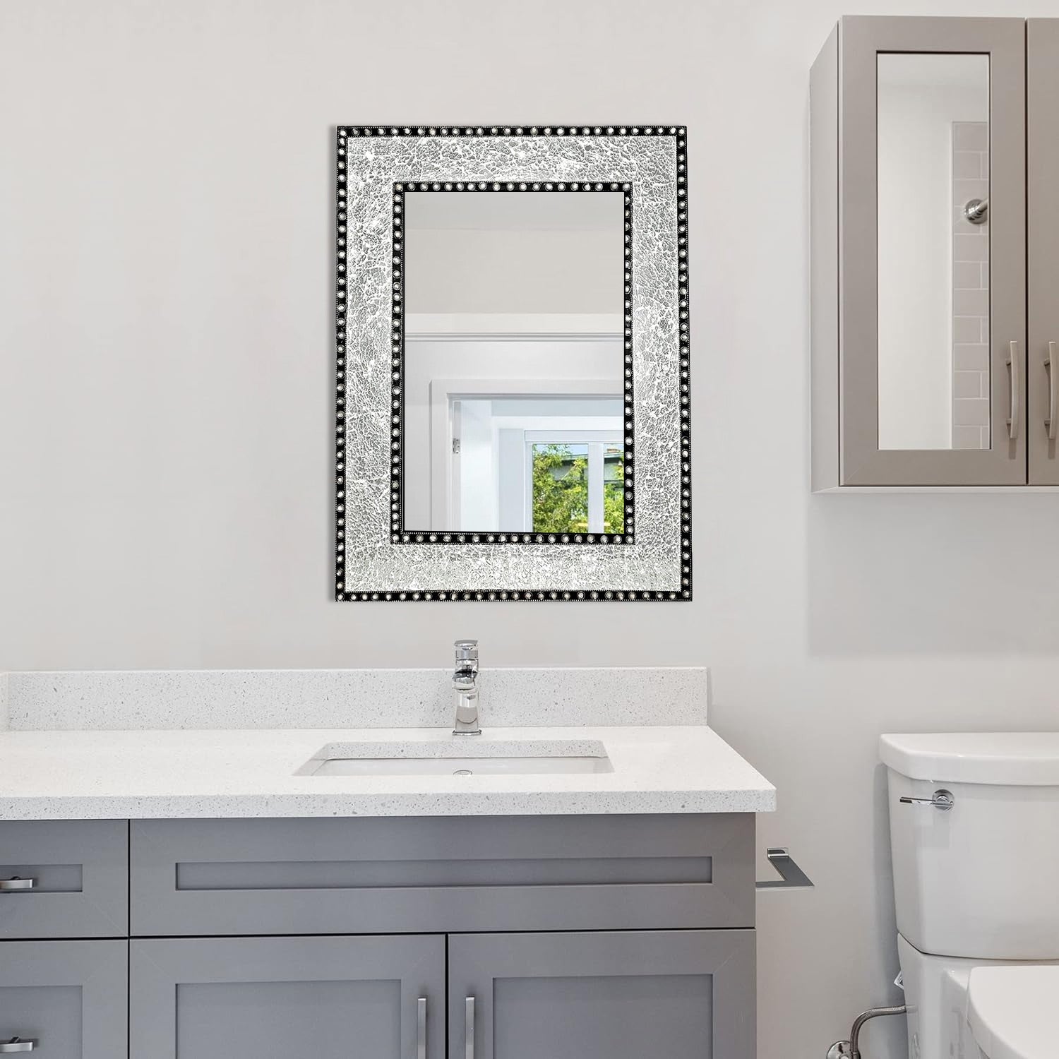 DecorShore 24"X18" Crackled Glass Framed Rectangular Decorative Mosaic Wall Mirror, Accent Mirror-Silver