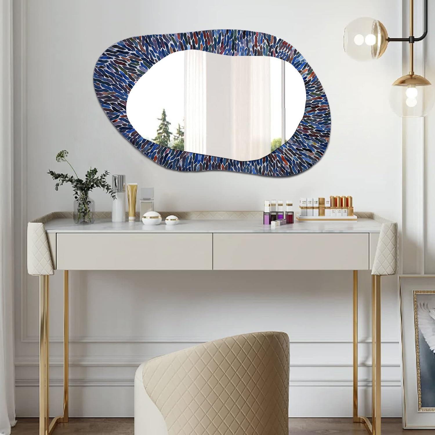 DecorShore 35x21" Handmade Oval Shape Iron Frame Decorative Wall Mirror With Glass Mosaic Tiles- Multi Blue