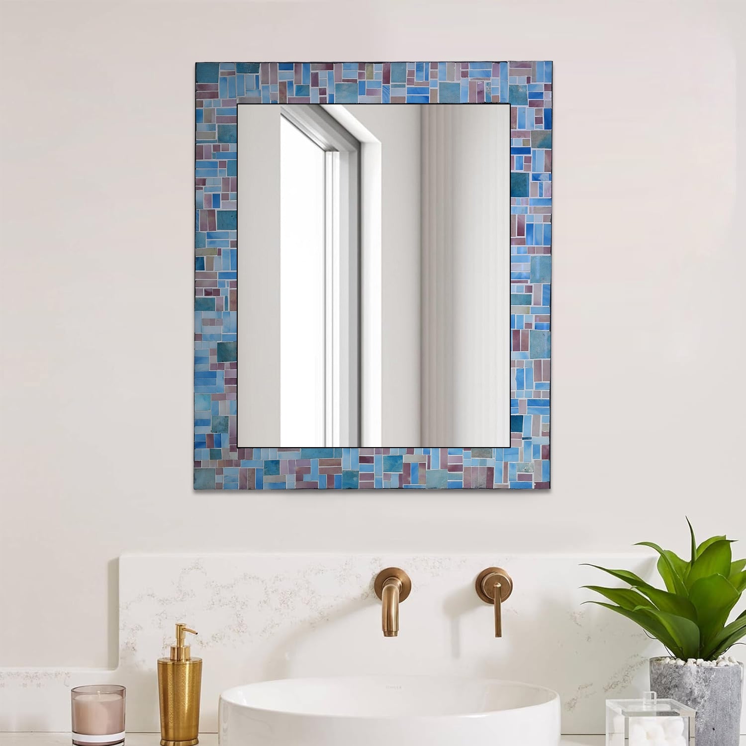 DecorShore 30x24" Handmade Rectangular Shape Iron Frame Wall Mirror With Glass Mosaic Tiles- Multi Blue