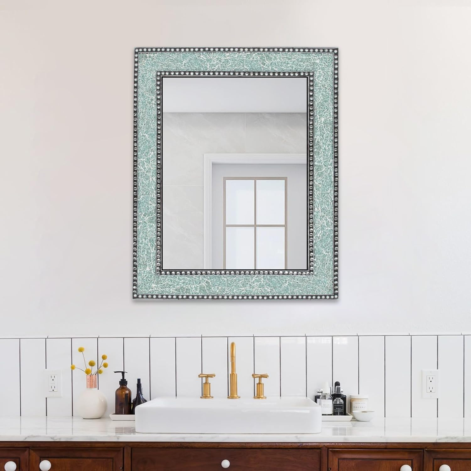 30X24 inch Mint Green Mosaic Crackled Glass Decorative Wall Mirror, Handmade Crackled Glass Framed Glamorous Rectangular Wall Mirror by DecorShore