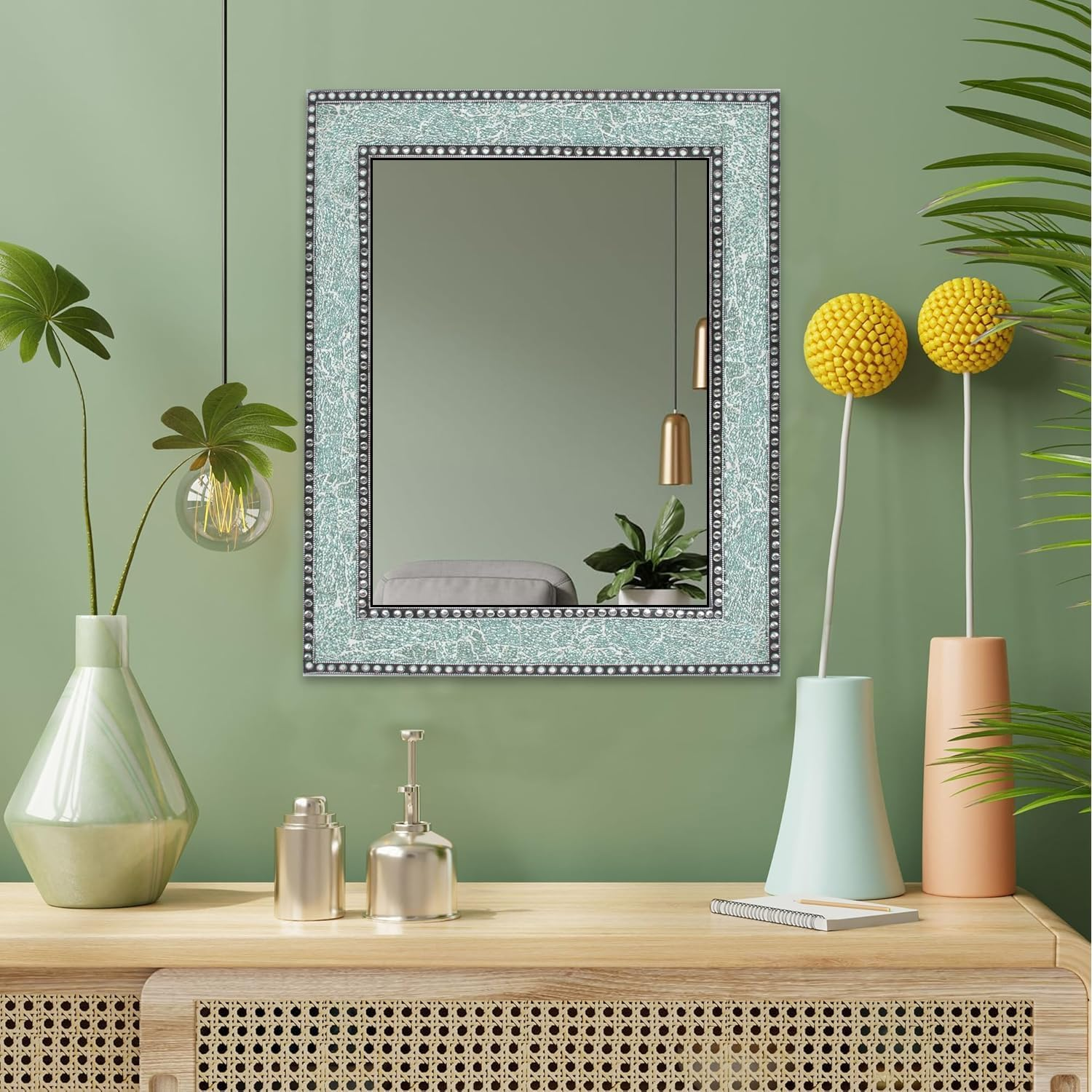 30X24 inch Mint Green Mosaic Crackled Glass Decorative Wall Mirror, Handmade Crackled Glass Framed Glamorous Rectangular Wall Mirror by DecorShore