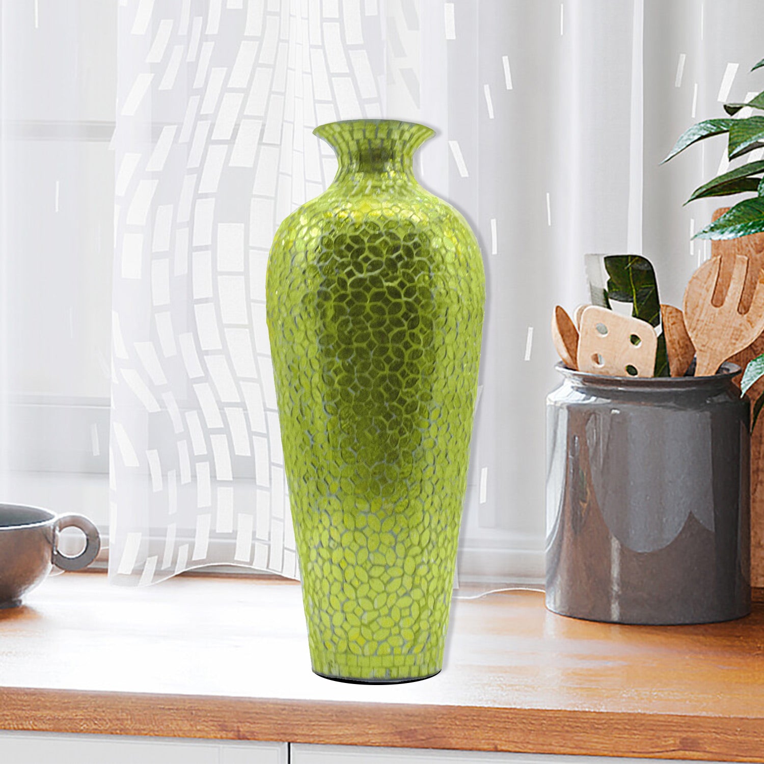 DecorShore Vedic Vase -Sparkling Metal Floor Vase With Floral Pattern Glass Mosaic Inlay, 20 In. Decorative Vase, Designer Vase (Greenery)