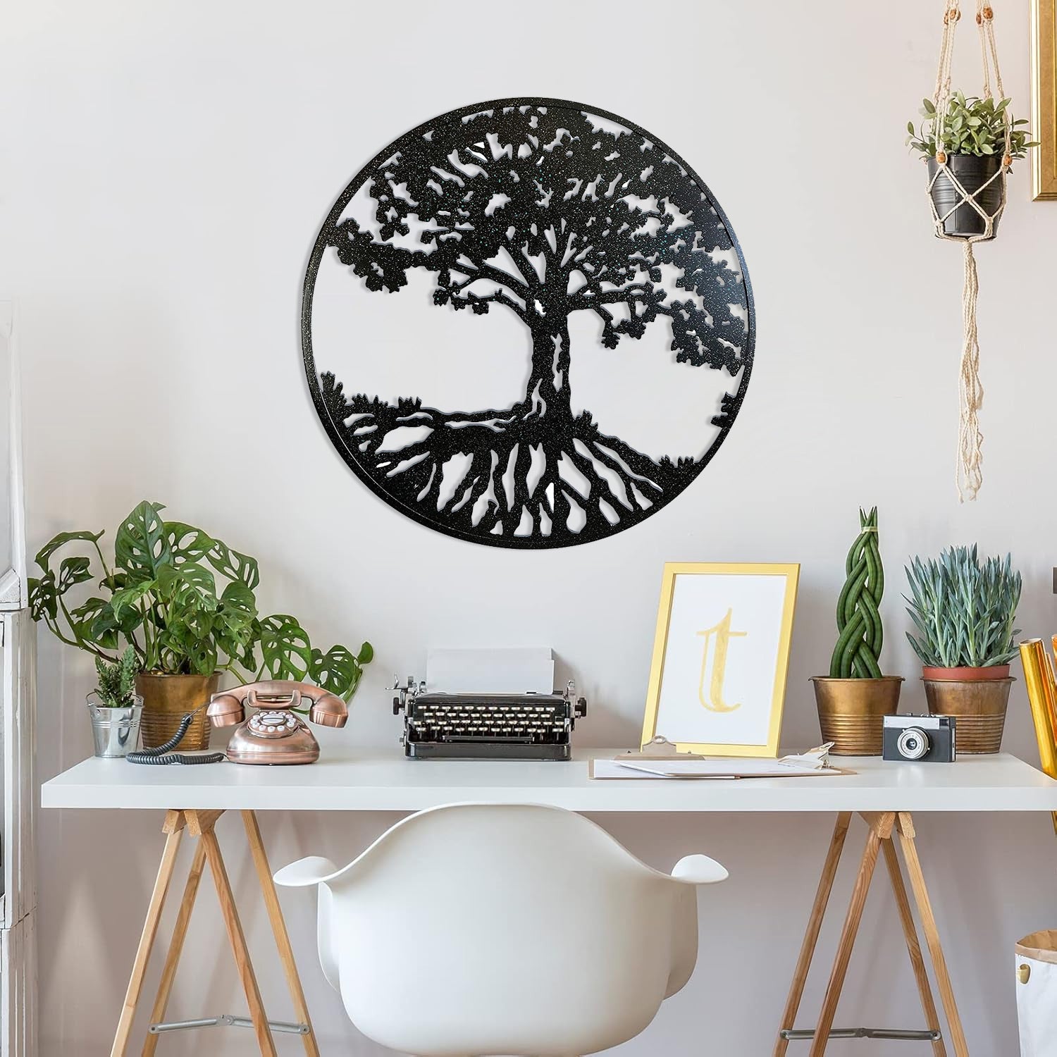 Round Metal Wall Art Decorative Wall Sculpture Natural Harmony Tree Of Life Hanging Wall Decor In Matte Black