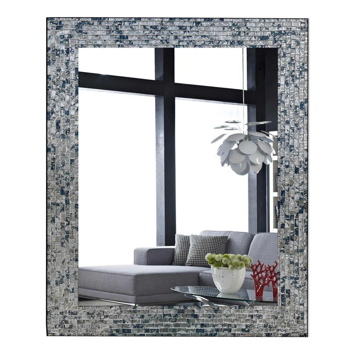 Multi-Colored Cobalt Blue & Silver, Luxe Mosaic Glass Framed Wall Mirror, Decorative Rectangular Vanity Mirror(30" X 24")