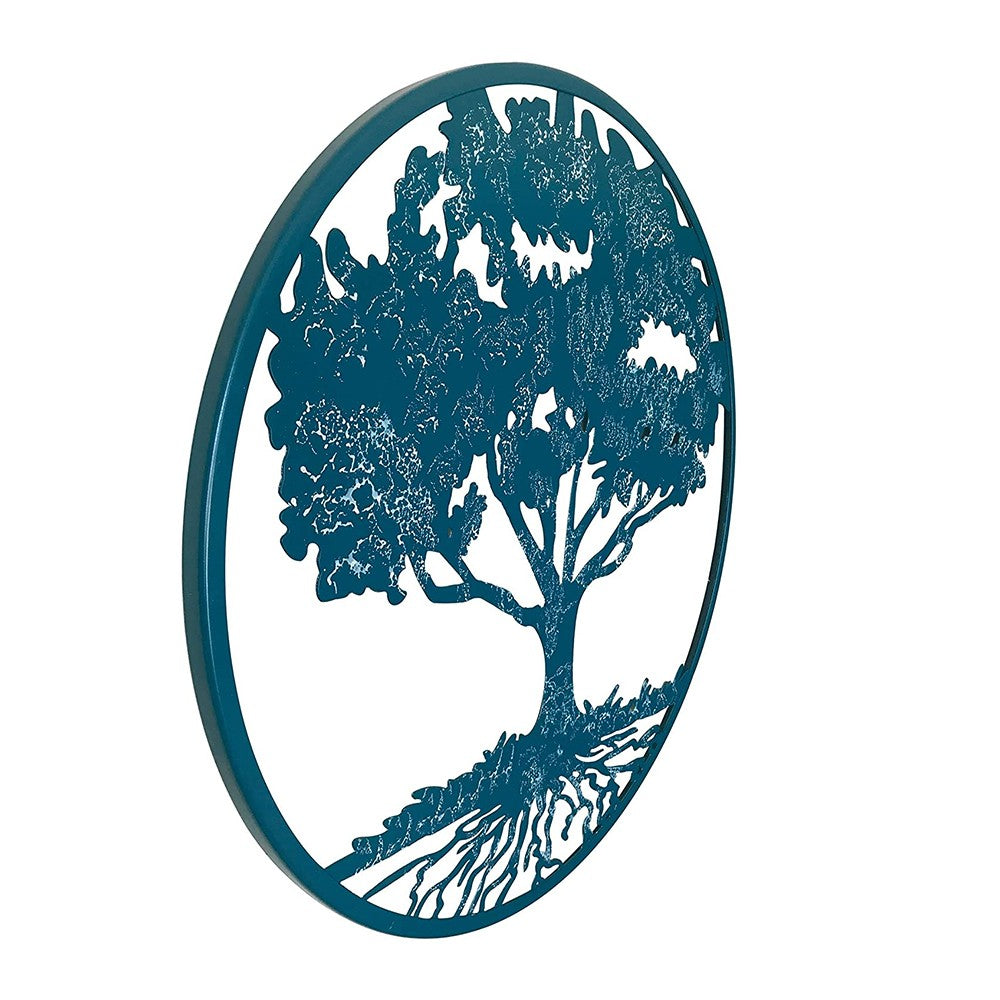 Round Metal Wall Art Decorative Wall Sculpture Natural Harmony Tree Of Life Hanging Wall Decor In Dark Teal With White Veining