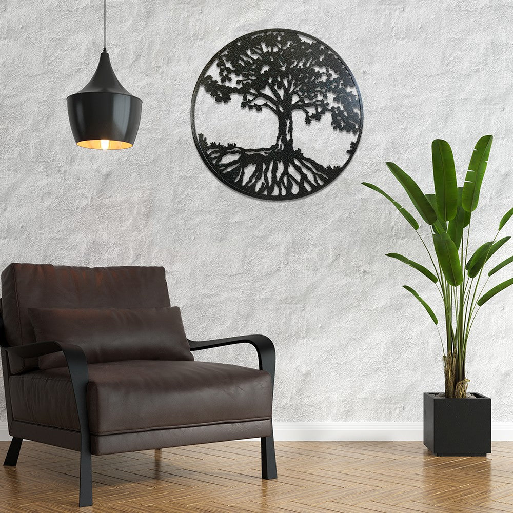 Round Metal Wall Art Decorative Wall Sculpture Natural Harmony Tree Of Life Hanging Wall Decor In Matte Black