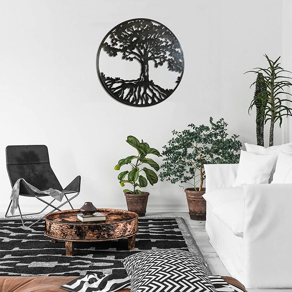 Round Metal Wall Art Decorative Wall Sculpture Natural Harmony Tree Of Life Hanging Wall Decor In Matte Black