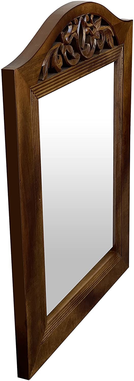 DecorShore Hand Carved Solid Framed Wooden Mirror Carved & Real Wood Wall Mirror In Arch Shape